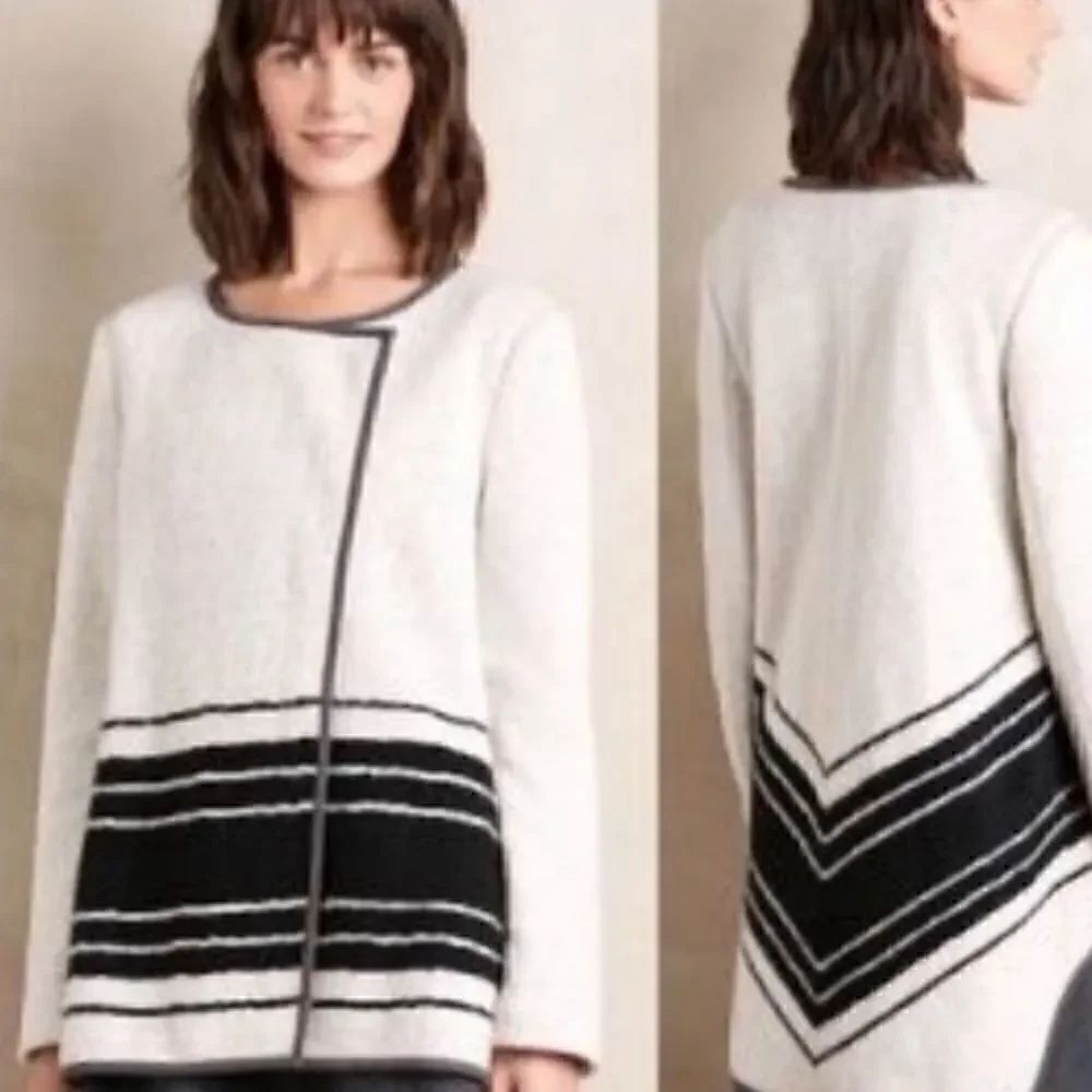 Anthropologie Elevenses Asymmetrical Knit Sweater Jacket Black White Stripe M